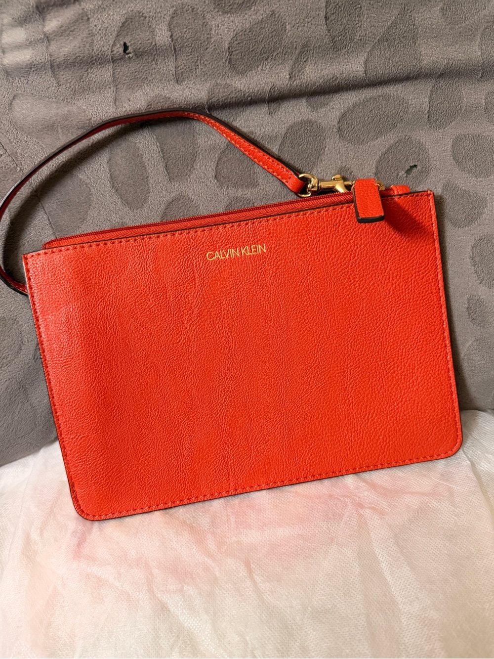 Calvin Klein Orange-Red Pebbled Leather Wristlet Clutch